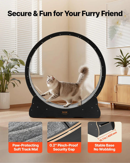 Vevor 48-Inch Wooden Cat Exercise Wheel - Indoor Treadmill for Cats Up to 28 lbs with Carpeted Runway, Locking Mechanism, and Quiet Operation for Pet Fitness and Health, Black