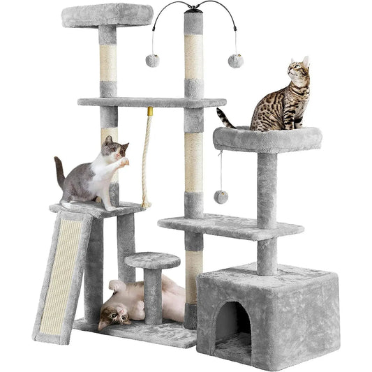 Multi-Level Indoor Cat Tree with Scratching Posts and Plush Perch, Rotatable Light Gray Cat Condo and Play Center