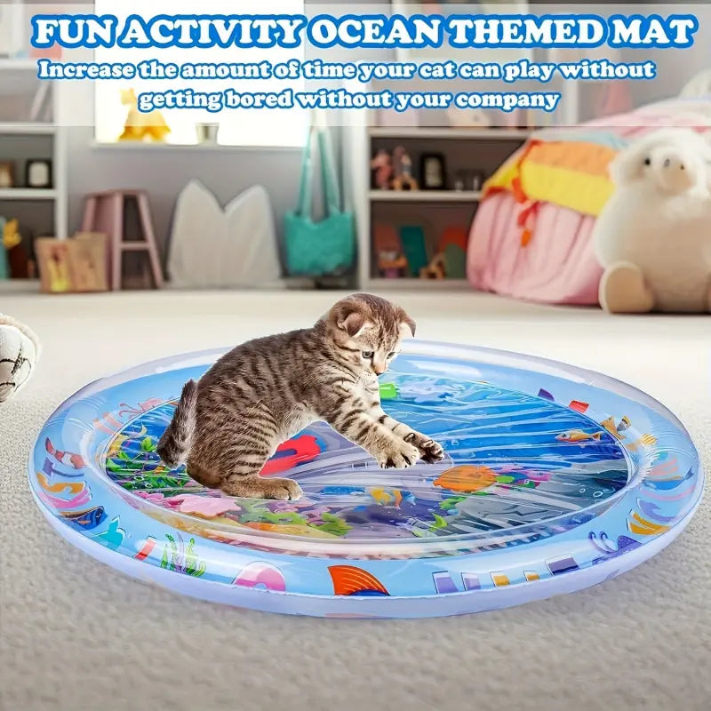 Interactive Cat Water Play Mat with Floating Fish - Splash-Proof PVC Toy for Indoor Cat Entertainment, No Batteries Required, Ideal for Medium Cats