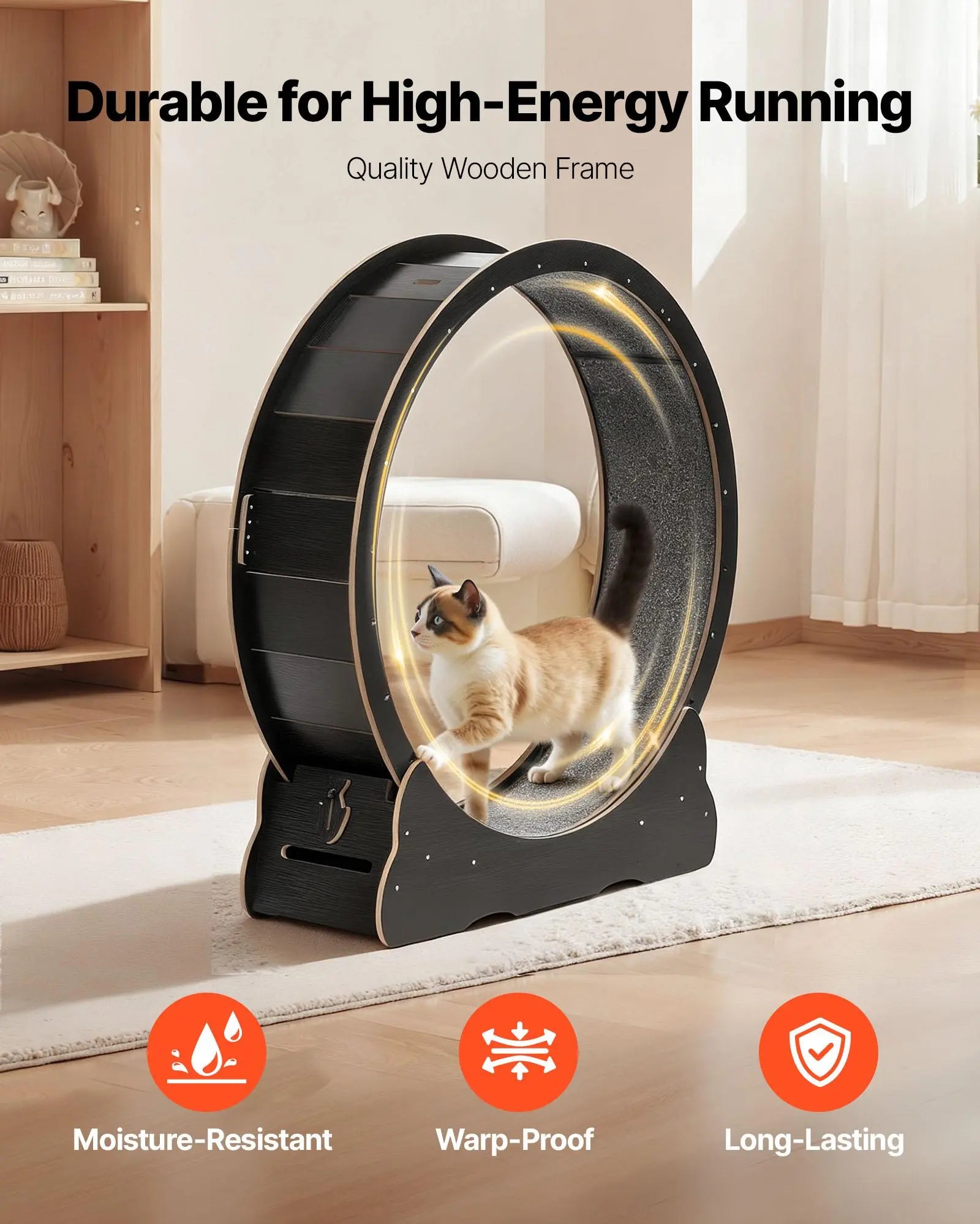 Vevor 48-Inch Wooden Cat Exercise Wheel - Indoor Treadmill for Cats Up to 28 lbs with Carpeted Runway, Locking Mechanism, and Quiet Operation for Pet Fitness and Health, Black