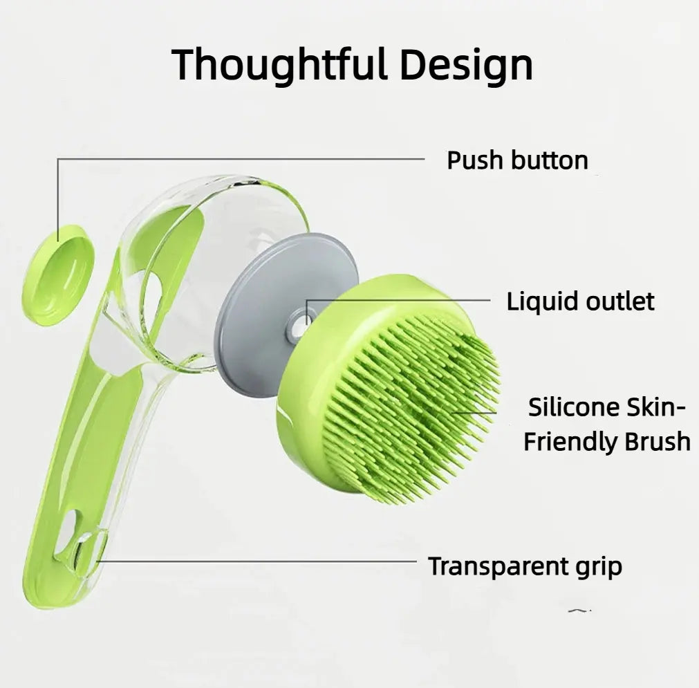 Pet Bath Brush - Ergonomic Long-Handled Grooming Tool for Dogs and Cats with Liquid Dispenser, Head Scratcher, and Massage Features; Includes Adjustable Elevated Bowl Stand and Washable Memory Foam Harness Vehicle Seatbelt