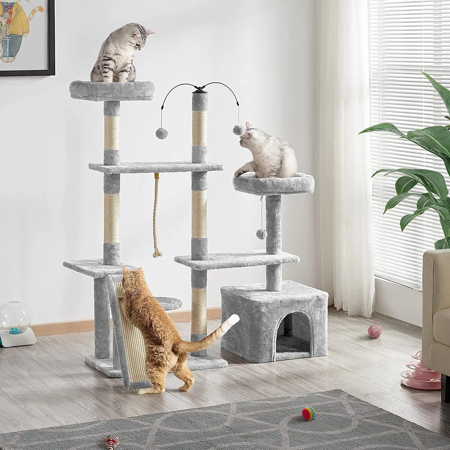 Multi-Level Indoor Cat Tree with Scratching Posts and Plush Perch, Rotatable Light Gray Cat Condo and Play Center