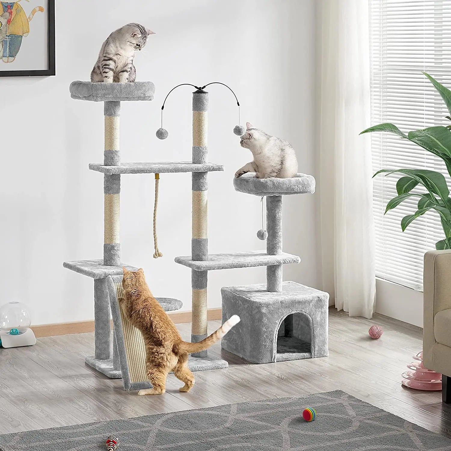 Multi-Level Indoor Cat Tree with Scratching Posts and Plush Perch, Rotatable Light Gray Cat Condo and Play Center
