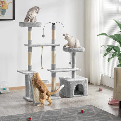 Multi-Level Indoor Cat Tree with Scratching Posts and Plush Perch, Rotatable Light Gray Cat Condo and Play Center