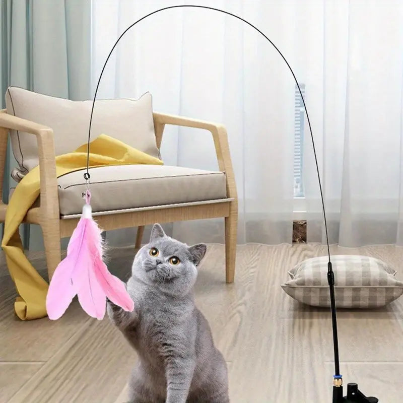 Feathered Cat Toy Accessory with Durable Rod and Suction Cup Base, Available in Realistic and Artificial Designs, Battery-Free Operation for Small Dog Entertainment