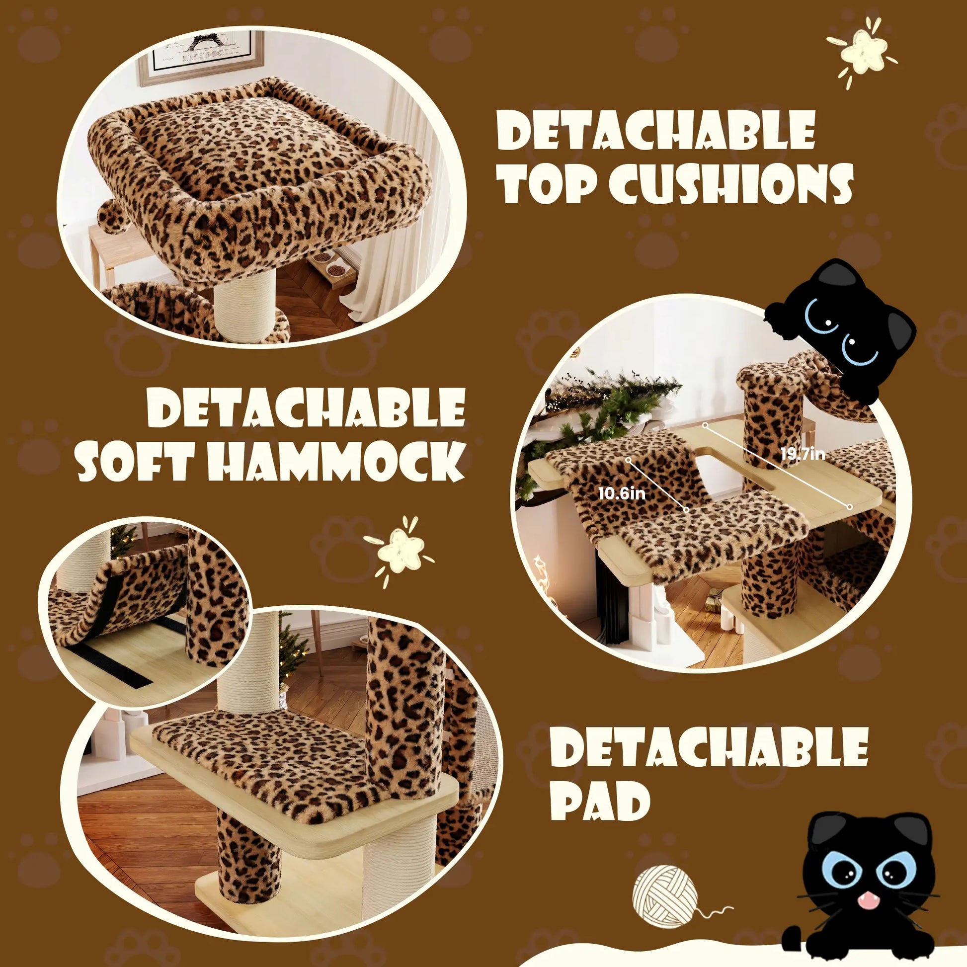 SHA CERLIN 77-Inch Multi-Level Plush Cat Tree Tower with Enhanced Scratching Posts, Removable Washable Cushions, Anti-Tip Safety Features, Leopard and Cream White Finish