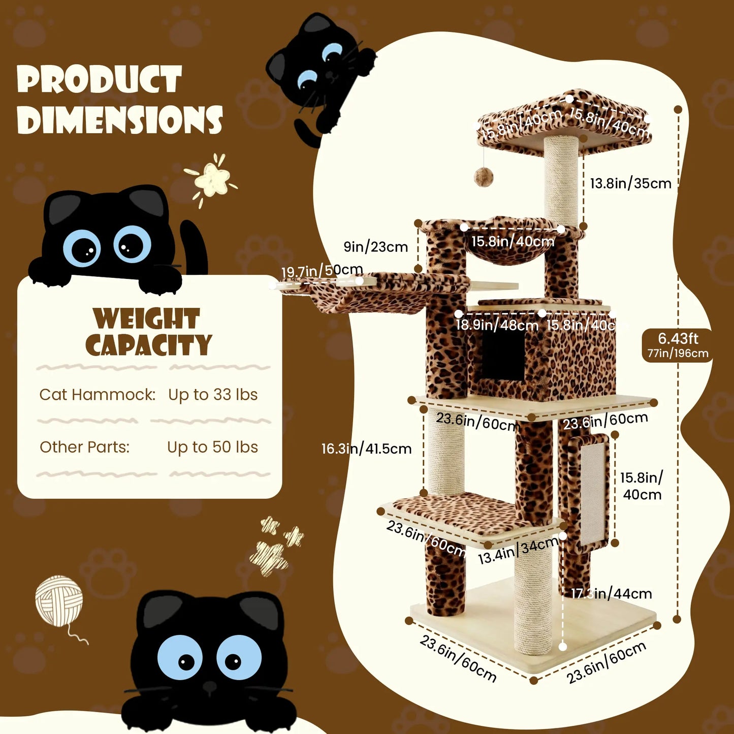 SHA CERLIN 77-Inch Multi-Level Plush Cat Tree Tower with Enhanced Scratching Posts, Removable Washable Cushions, Anti-Tip Safety Features, Leopard and Cream White Finish