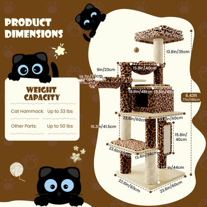 SHA CERLIN 77-Inch Multi-Level Plush Cat Tree Tower with Enhanced Scratching Posts, Removable Washable Cushions, Anti-Tip Safety Features, Leopard and Cream White Finish