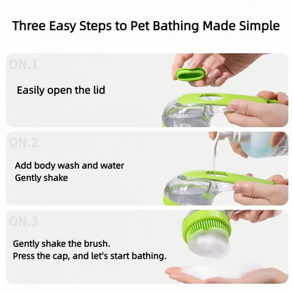 Pet Bath Brush - Ergonomic Long-Handled Grooming Tool for Dogs and Cats with Liquid Dispenser, Head Scratcher, and Massage Features; Includes Adjustable Elevated Bowl Stand and Washable Memory Foam Harness Vehicle Seatbelt