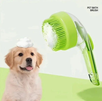 Pet Bath Brush - Ergonomic Long-Handled Grooming Tool for Dogs and Cats with Liquid Dispenser, Head Scratcher, and Massage Features; Includes Adjustable Elevated Bowl Stand and Washable Memory Foam Harness Vehicle Seatbelt