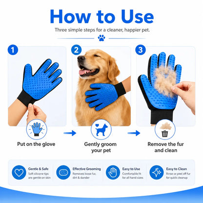 Pet Hair Removal Gloves for Dogs and Cats - 2-Pack (Left & Right Hand) 2-in-1 Deshedding Brush and Massage Mitt for Grooming and Bathing, Suitable for Short and Long Hair Pets (Blue)
