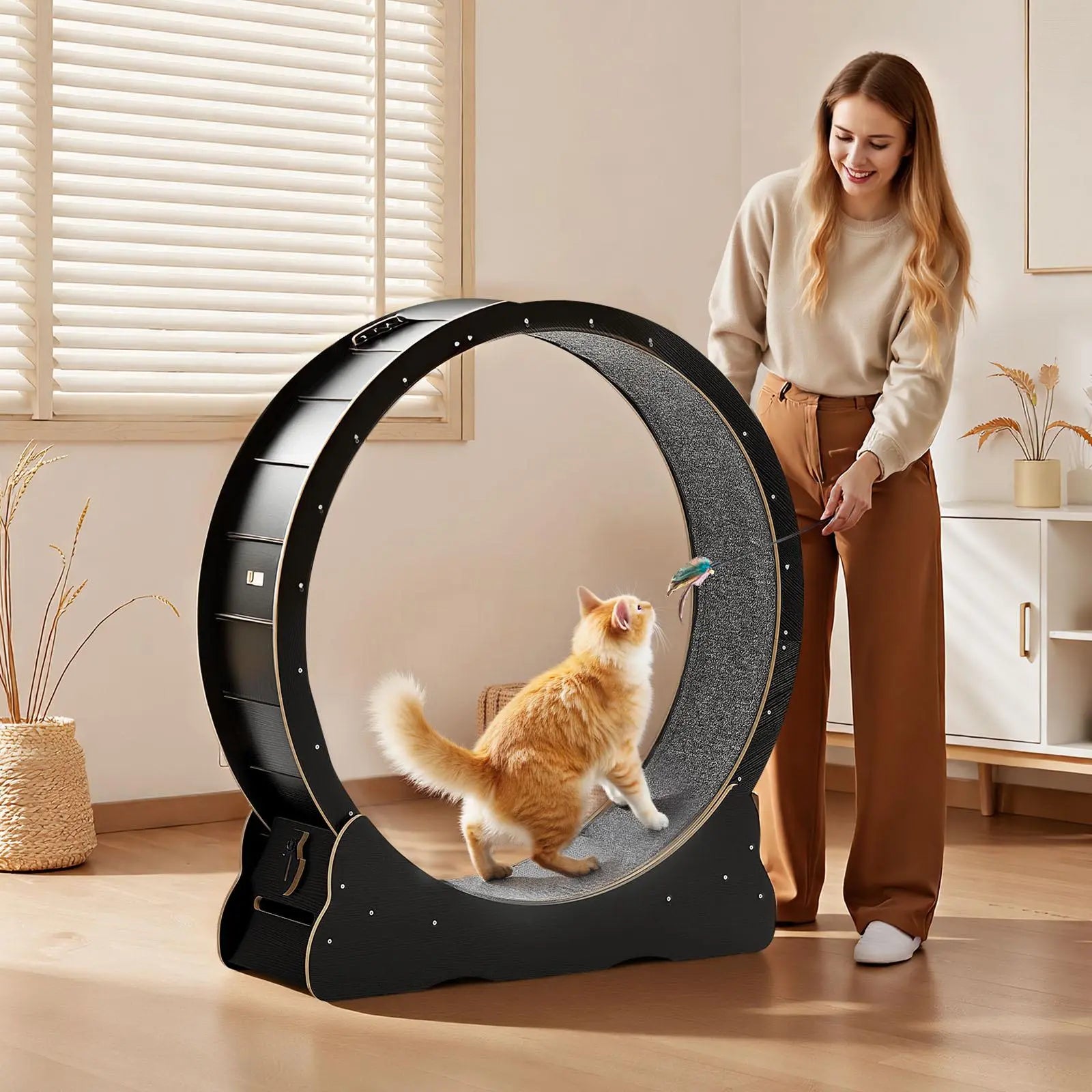 Vevor 48-Inch Wooden Cat Exercise Wheel - Indoor Treadmill for Cats Up to 28 lbs with Carpeted Runway, Locking Mechanism, and Quiet Operation for Pet Fitness and Health, Black