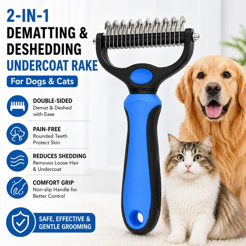 Professional Pet Dematting Undercoat Rake for Long-Haired Dogs and Cats, Double-Sided Deshedding Brush, Gentle Tangle Remover for Reducing Shedding and Mats, Grooming Tool N2 Comb