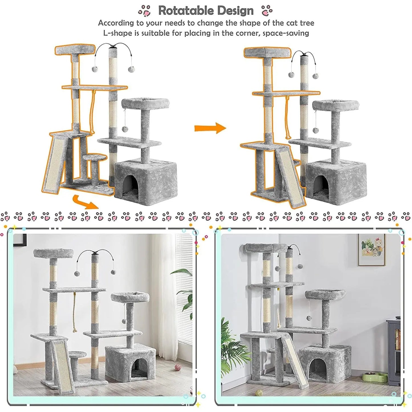 Multi-Level Indoor Cat Tree with Scratching Posts and Plush Perch, Rotatable Light Gray Cat Condo and Play Center