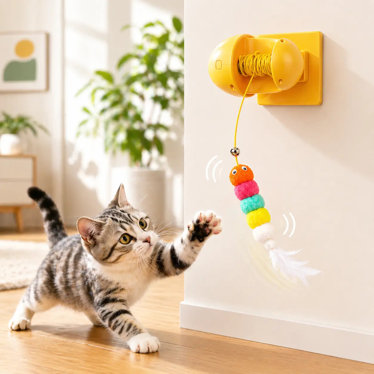 Wall-Mounted Interactive Automatic Cat Toy for Indoor Use, Rechargeable Electric Teaser with Auto Rebound for Hands-Free Play