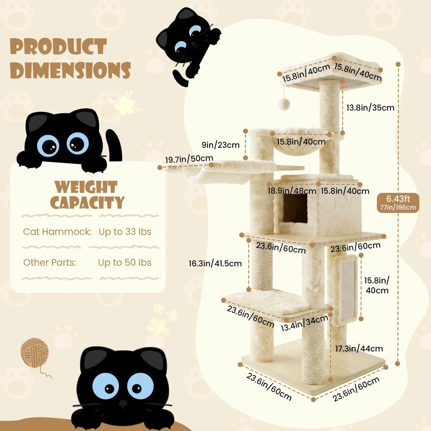 SHA CERLIN 77-Inch Multi-Level Plush Cat Tree Tower with Enhanced Scratching Posts, Removable Washable Cushions, Anti-Tip Safety Features, Leopard and Cream White Finish