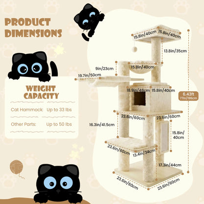SHA CERLIN 77-Inch Multi-Level Plush Cat Tree Tower with Enhanced Scratching Posts, Removable Washable Cushions, Anti-Tip Safety Features, Leopard and Cream White Finish