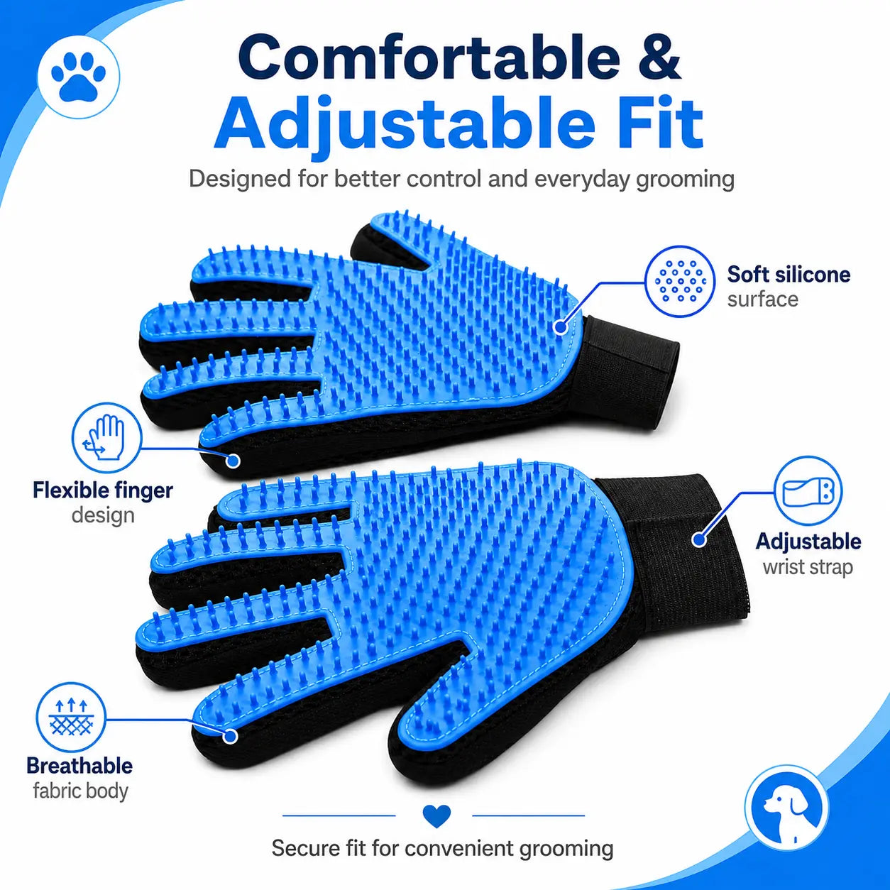 Pet Hair Removal Gloves for Dogs and Cats - 2-Pack (Left & Right Hand) 2-in-1 Deshedding Brush and Massage Mitt for Grooming and Bathing, Suitable for Short and Long Hair Pets (Blue)