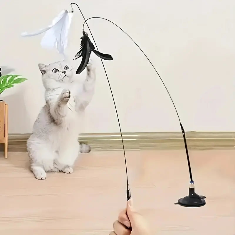Feathered Cat Toy Accessory with Durable Rod and Suction Cup Base, Available in Realistic and Artificial Designs, Battery-Free Operation for Small Dog Entertainment