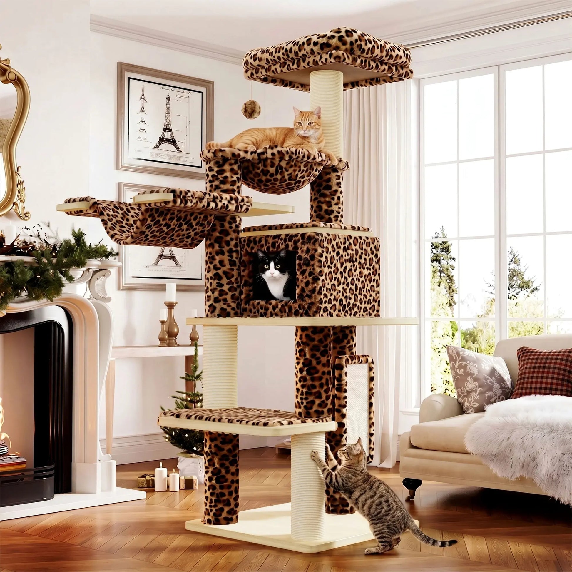 SHA CERLIN 77-Inch Multi-Level Plush Cat Tree Tower with Enhanced Scratching Posts, Removable Washable Cushions, Anti-Tip Safety Features, Leopard and Cream White Finish