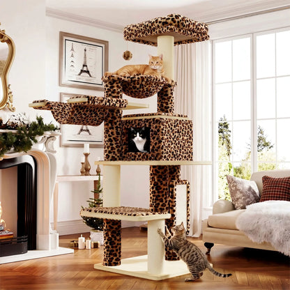 SHA CERLIN 77-Inch Multi-Level Plush Cat Tree Tower with Enhanced Scratching Posts, Removable Washable Cushions, Anti-Tip Safety Features, Leopard and Cream White Finish