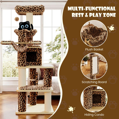 SHA CERLIN 77-Inch Multi-Level Plush Cat Tree Tower with Enhanced Scratching Posts, Removable Washable Cushions, Anti-Tip Safety Features, Leopard and Cream White Finish