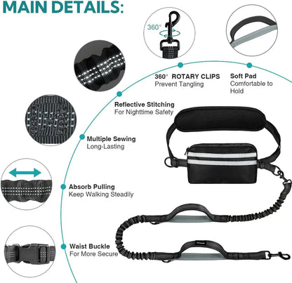 Pipidodo Hands-Free Dual Dog Leash with Waist Bag and Cushioned Pad - Effortlessly Walk Two Dogs Without Tangles or Stress