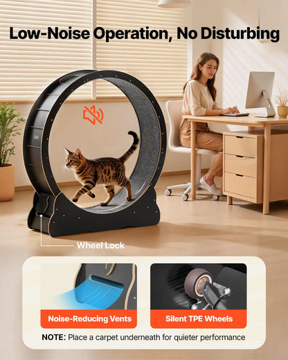 Vevor 48-Inch Wooden Cat Exercise Wheel - Indoor Treadmill for Cats Up to 28 lbs with Carpeted Runway, Locking Mechanism, and Quiet Operation for Pet Fitness and Health, Black