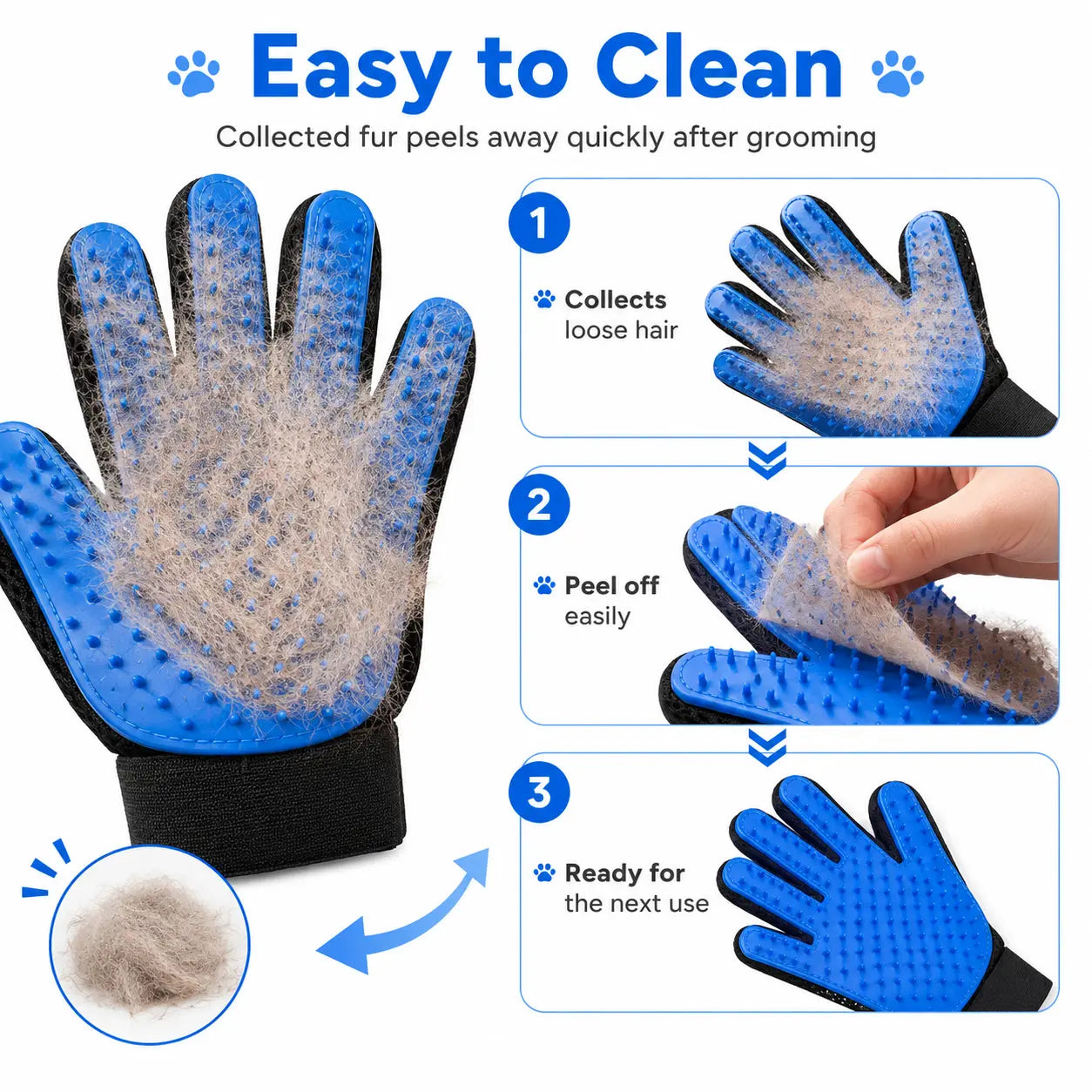 Pet Hair Removal Gloves for Dogs and Cats - 2-Pack (Left & Right Hand) 2-in-1 Deshedding Brush and Massage Mitt for Grooming and Bathing, Suitable for Short and Long Hair Pets (Blue)