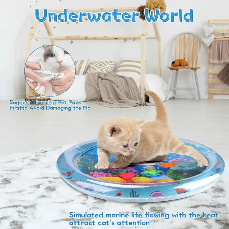 Interactive Cat Water Play Mat with Floating Fish - Splash-Proof PVC Toy for Indoor Cat Entertainment, No Batteries Required, Ideal for Medium Cats