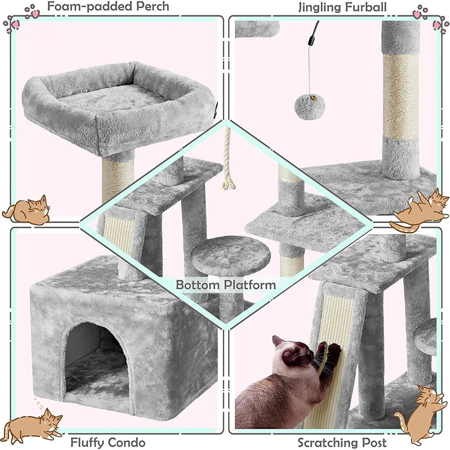 Multi-Level Indoor Cat Tree with Scratching Posts and Plush Perch, Rotatable Light Gray Cat Condo and Play Center