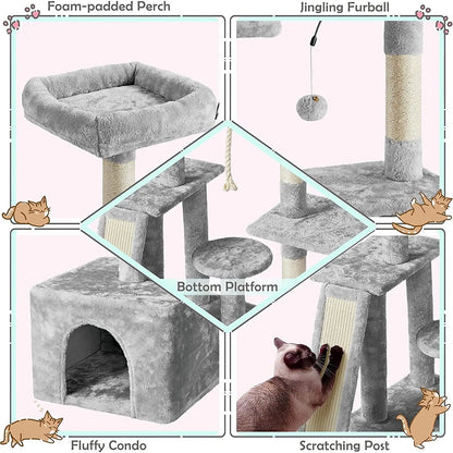 Multi-Level Indoor Cat Tree with Scratching Posts and Plush Perch, Rotatable Light Gray Cat Condo and Play Center