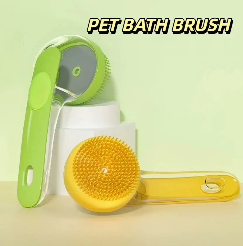 Pet Bath Brush - Ergonomic Long-Handled Grooming Tool for Dogs and Cats with Liquid Dispenser, Head Scratcher, and Massage Features; Includes Adjustable Elevated Bowl Stand and Washable Memory Foam Harness Vehicle Seatbelt