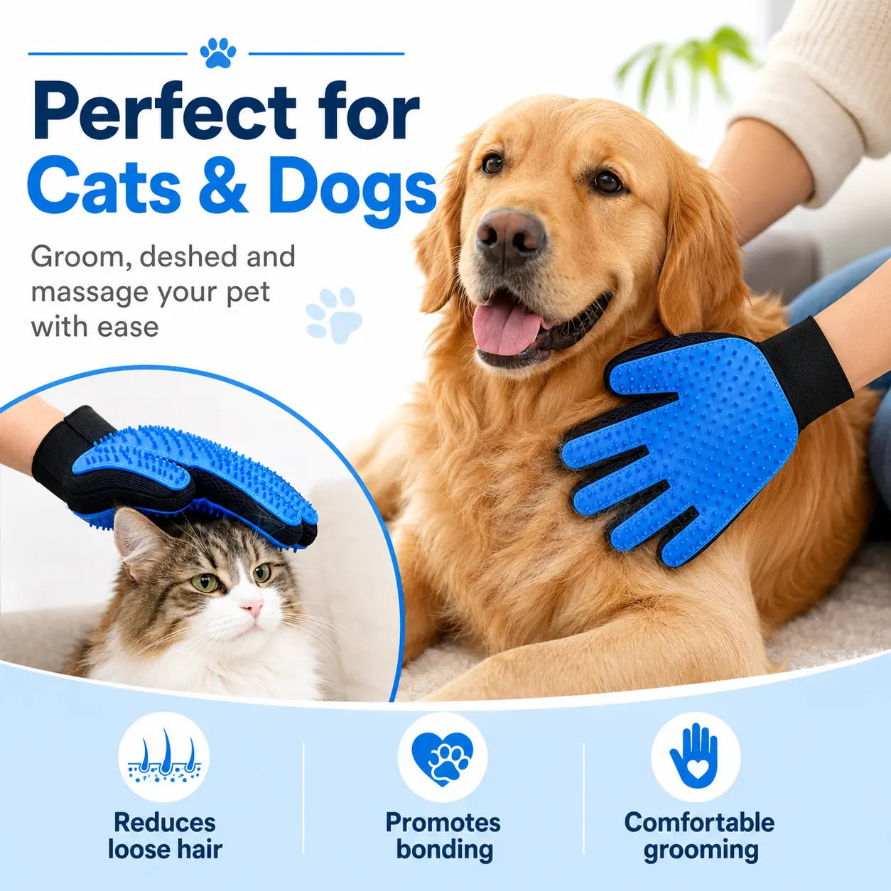 Pet Hair Removal Gloves for Dogs and Cats - 2-Pack (Left & Right Hand) 2-in-1 Deshedding Brush and Massage Mitt for Grooming and Bathing, Suitable for Short and Long Hair Pets (Blue)