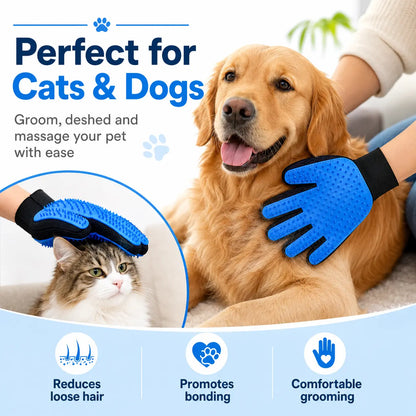 Pet Hair Removal Gloves for Dogs and Cats - 2-Pack (Left & Right Hand) 2-in-1 Deshedding Brush and Massage Mitt for Grooming and Bathing, Suitable for Short and Long Hair Pets (Blue)