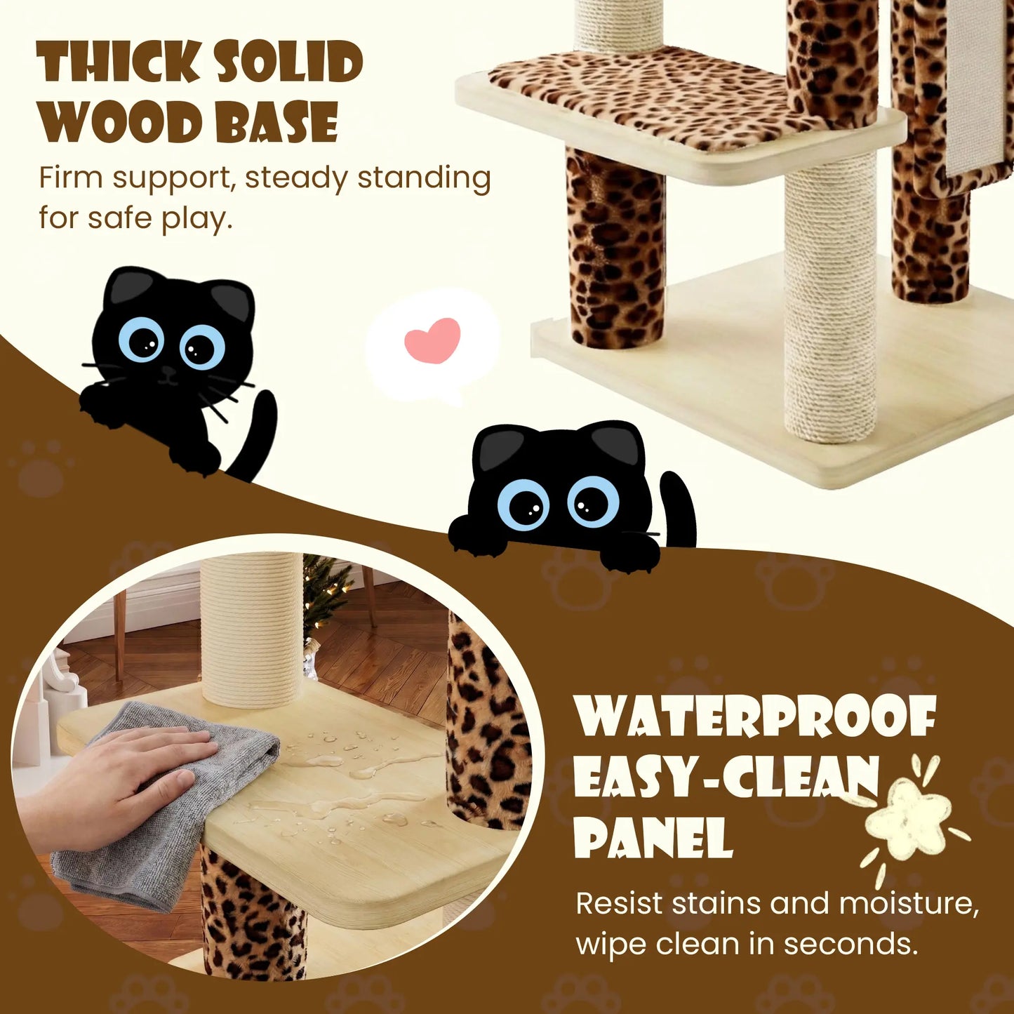 SHA CERLIN 77-Inch Multi-Level Plush Cat Tree Tower with Enhanced Scratching Posts, Removable Washable Cushions, Anti-Tip Safety Features, Leopard and Cream White Finish