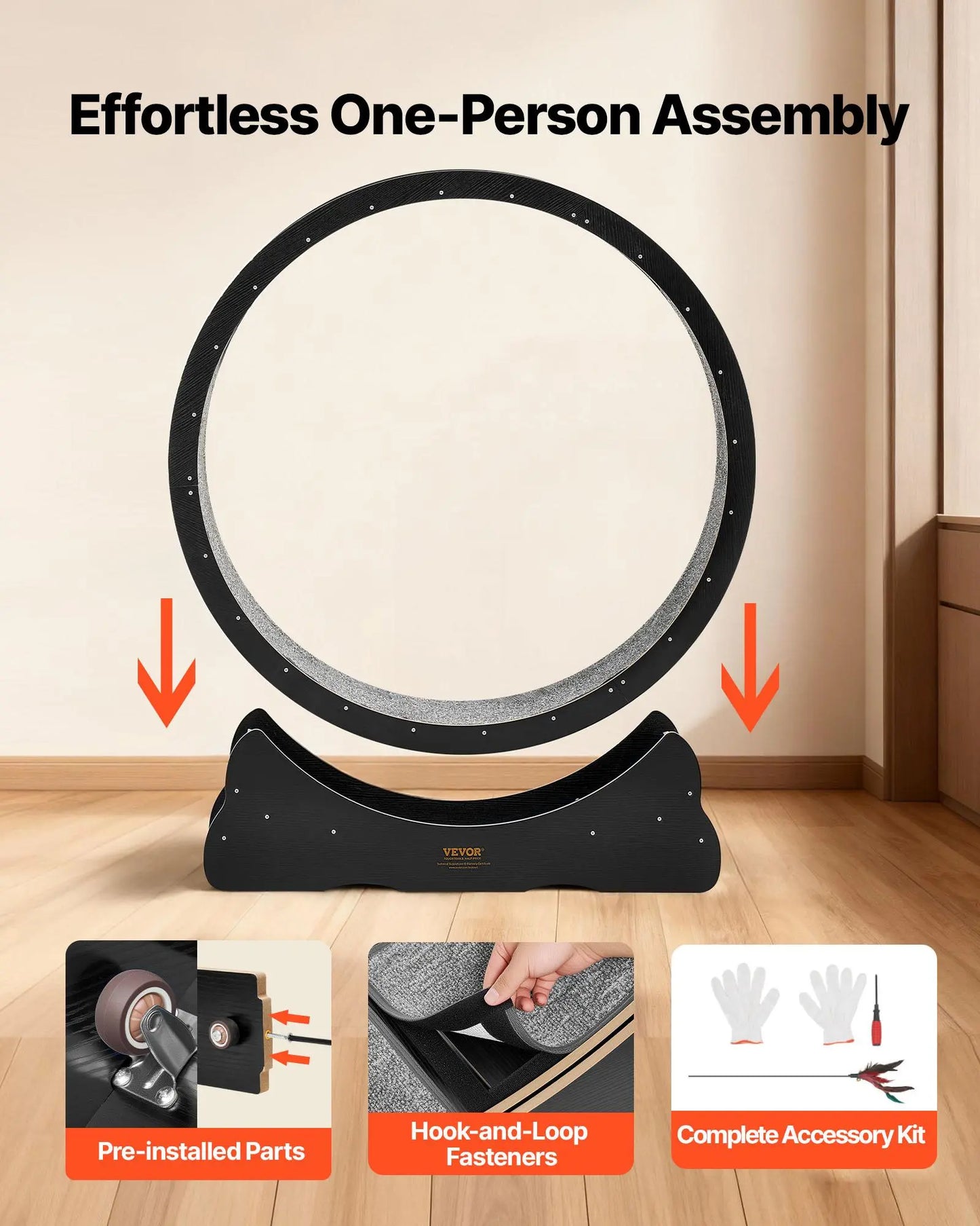 Vevor 48-Inch Wooden Cat Exercise Wheel - Indoor Treadmill for Cats Up to 28 lbs with Carpeted Runway, Locking Mechanism, and Quiet Operation for Pet Fitness and Health, Black