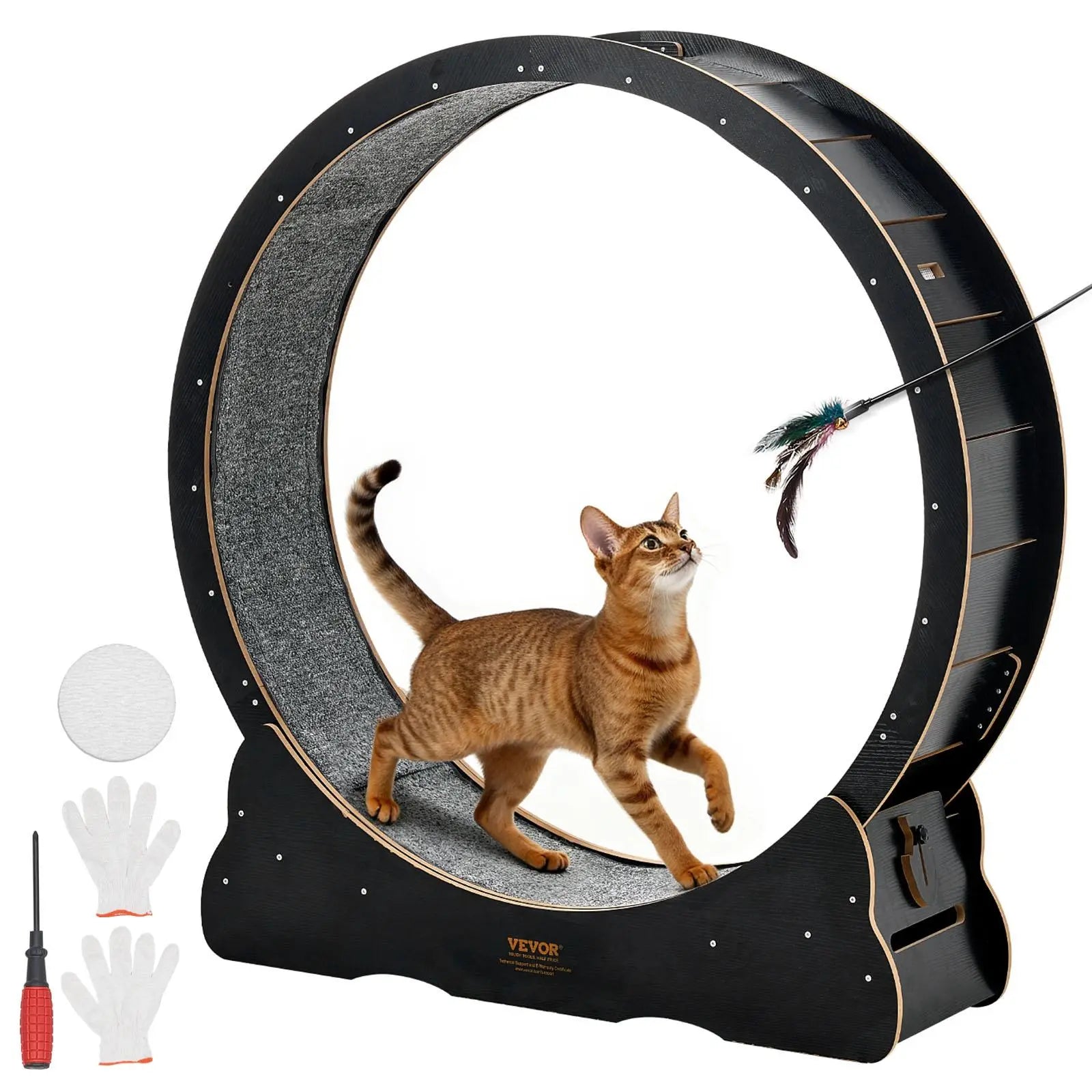 Vevor 48-Inch Wooden Cat Exercise Wheel - Indoor Treadmill for Cats Up to 28 lbs with Carpeted Runway, Locking Mechanism, and Quiet Operation for Pet Fitness and Health, Black