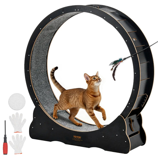 Vevor 48-Inch Wooden Cat Exercise Wheel - Indoor Treadmill for Cats Up to 28 lbs with Carpeted Runway, Locking Mechanism, and Quiet Operation for Pet Fitness and Health, Black
