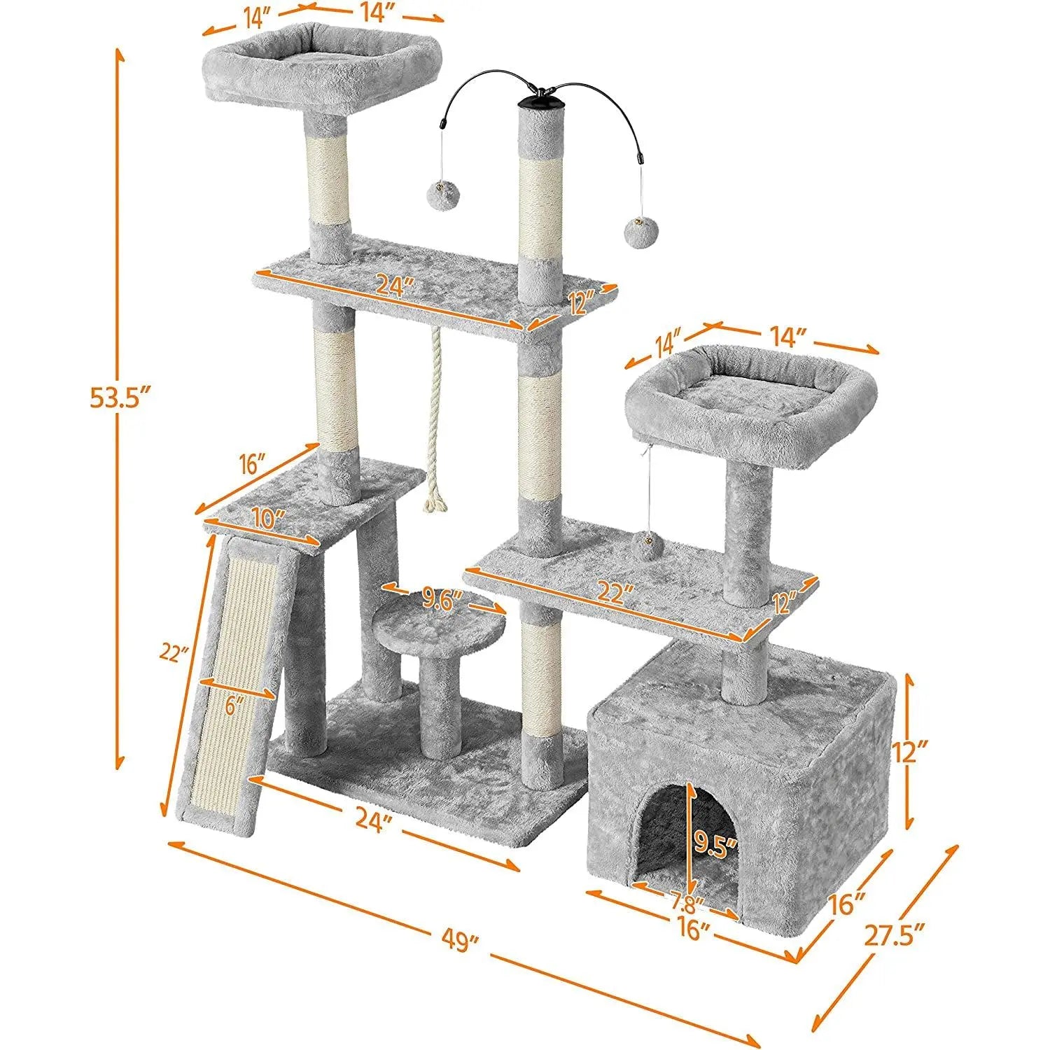 Multi-Level Indoor Cat Tree with Scratching Posts and Plush Perch, Rotatable Light Gray Cat Condo and Play Center