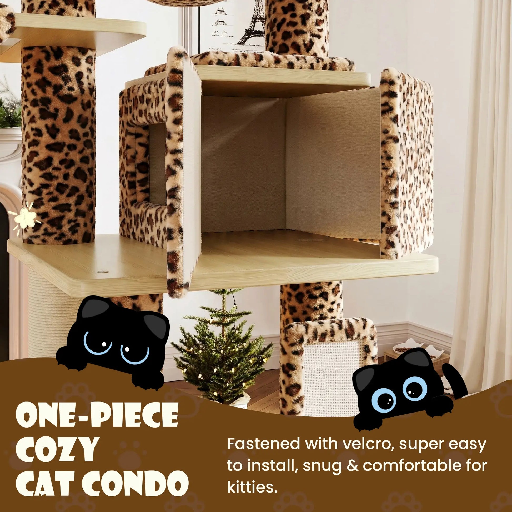 SHA CERLIN 77-Inch Multi-Level Plush Cat Tree Tower with Enhanced Scratching Posts, Removable Washable Cushions, Anti-Tip Safety Features, Leopard and Cream White Finish