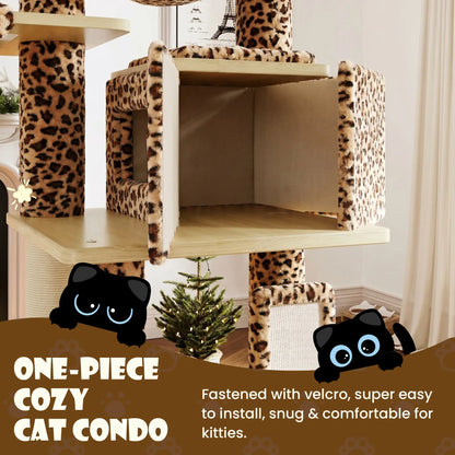 SHA CERLIN 77-Inch Multi-Level Plush Cat Tree Tower with Enhanced Scratching Posts, Removable Washable Cushions, Anti-Tip Safety Features, Leopard and Cream White Finish