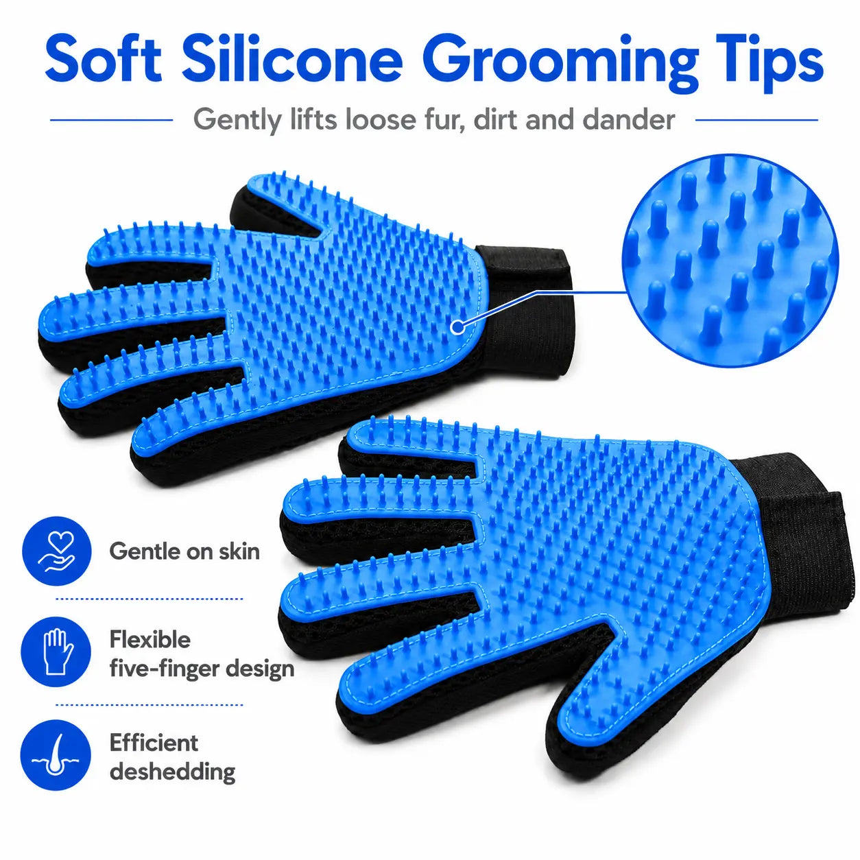 Pet Hair Removal Gloves for Dogs and Cats - 2-Pack (Left & Right Hand) 2-in-1 Deshedding Brush and Massage Mitt for Grooming and Bathing, Suitable for Short and Long Hair Pets (Blue)