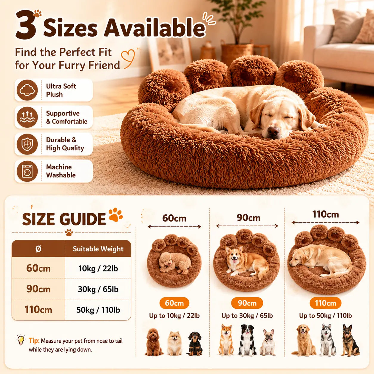 Bear Paw Quilted Fleece 3-in-1 Convertible Pet Sofa Bed with Waterproof Lining, Machine Washable Cover, and Durable Foam Cushioning for Cats and Dogs in Multi-Pet Households