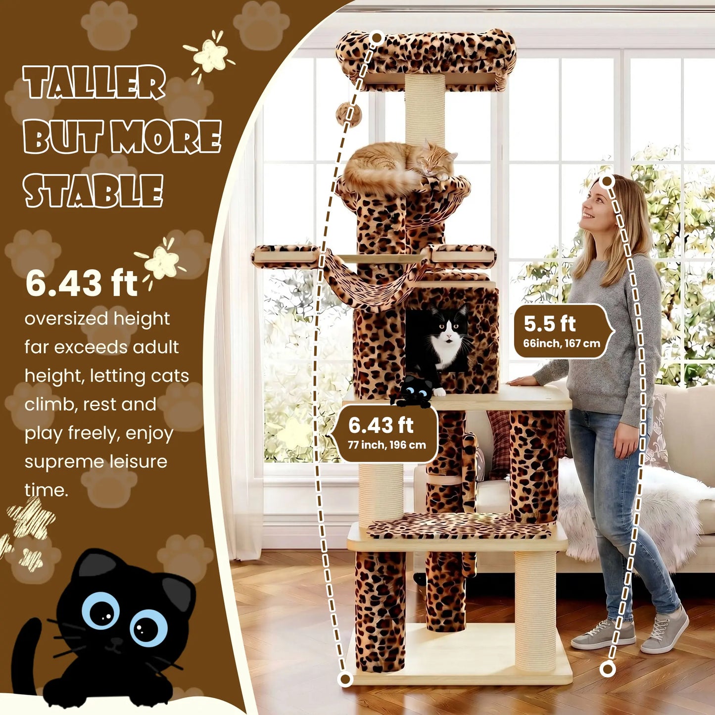 SHA CERLIN 77-Inch Multi-Level Plush Cat Tree Tower with Enhanced Scratching Posts, Removable Washable Cushions, Anti-Tip Safety Features, Leopard and Cream White Finish