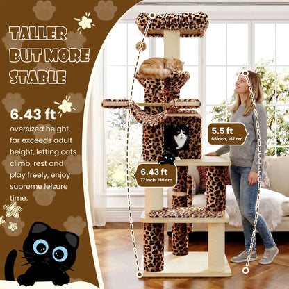 SHA CERLIN 77-Inch Multi-Level Plush Cat Tree Tower with Enhanced Scratching Posts, Removable Washable Cushions, Anti-Tip Safety Features, Leopard and Cream White Finish